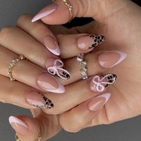 Long Lasting Press On Nail French Manicure Design Leopard Print 3D Bows and Sweet Pastel Non Toxic Nail Art For Women 1 brown