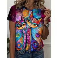 Vibrant Psychedelic Cat Women's Tee - Colorful Patterned Duo Graphic, Bold Boho Art Print Design for Casual Daily Wear S blue