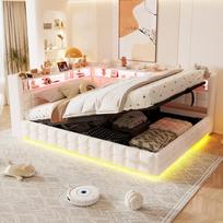 Daugiafunkcionalė minkšta lova, sofa-lova 140 × 200 cm, su hidrauliniu saugojimo skyriumi, LED šviesos juosta, USB ir Type-C įkrovimo prievadais, aksominis audinys, smėlio spalvos 217 x 155.5 x 85 cm smėlis