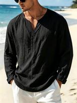 Men's White Crinkled Cotton Notched V-Neck Long-Sleeve Shirt - Relaxed Loose Fit Summer Beach Vacation Top US S juoda
