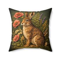 Vintage Hare Pillow, Floral Print, Cottagecore Woodland Decor Peach skin 18*18(CM)-1Pcs black