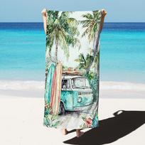 1PC Vintage Surf Van Beach Towel, Polyester Quick-Dry Print, Watercolor Palm Tree & Surfboard Design, Soft Towel for Beach & Sur 130x80cm blue