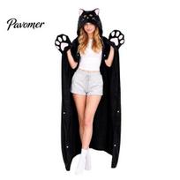 Lightweight Fleece Cape Halloween Wearable Blanket Hoodie, Cozy Hooded Highland Cow Cape, Soft Coral Shawl Wrap Plush Sloth Black Cat Cloak for Women One Size E black