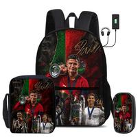 Ronaldo 3 dalių rinkinys Mokyklinės kuprinės su USB sąsaja CR Futbolo žvaigždės Pečių krepšys Futbolo sporto pieštukinė vaikams Kuprinė black