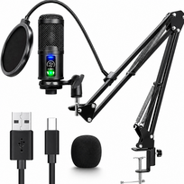 USB Type-C mikrofono rinkinys su svirtiniu (kantileveriniu) stovu ir pop filtru, USB-C mikrofonas su stalo laikikliu ir vėjo filtru, kompiuterio kondensatorinis mikrofonas su laikikliu
