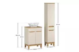 Vonios baldų komplektas Comad Bali Cashmere 60 cm su stalviršiu, praustuvu ir aukšta spintele, smėlinė