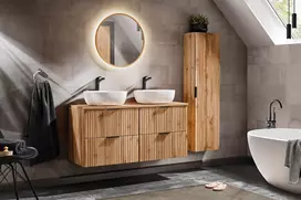 Vonios baldų komplektas su stalviršiu, 2 pastatomais praustuvais, aukšta spintele ir LED veidrodžiu Comad Adel Oak Smile, 120 cm, smėlinė