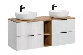 Pakabinamų vonios spintelių komplektas su stalviršiu, atvira lentyna ir 2 pastatomais praustuvais Comad Adel White Smile, 140 cm, balta