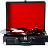 Vinilinių plokštelių grotuvas lagamine, muzikos grotuvas vinilo plokštelėms, patefonas