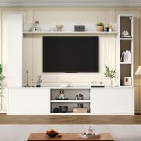 TV baldų komplektas 180x35x33,5 cm, 4 dalių, su vitrininėmis lentynomis, TV iki 80 colių, balta