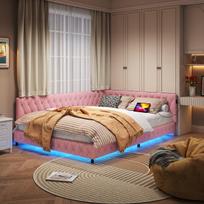 Apmušta sofa-lova 140x200cm su LED apšvietimu ir USB jungtimi, sofa-lova, sofa-lova, rožinė, meškiuko aksomas, be čiužinio