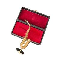 Miniatiūrinis alto saksofono modelis, žalvarinis, paauksuotas, rankų darbo, dekoratyvinis, su stoveliu, skirtas namams, biurui, muzikos kambariui red