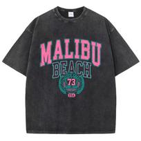 Malibu Beach Washed TShirt Women Letter Printing Cotton T Shirt Comfortable Crewneck Tops Casual Oversized Tees Clothes S black