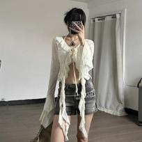 Premium sexy summer French short Spice Girl chic sunscreen shirt blouse unique niche v-neck design S balta