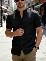 Men's White Linen Mandarin Collar Short Sleeve Button-Down Shirt with Pocket - Lightweight Summer Vacation Top S juoda