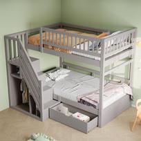 Bunk bed made of solid wood 90*200 cm, high safety rail, slatted frame, safety ladder with storage, storage drawers, children's bed youth bed, gray 205 x 95 x 173 cm pilka