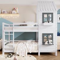 [29590567WAA]Bunk Bed with Handrail and Window, House Bed, Children's Bed with Fall Protection and Guard Rail, Pine Frame, White (90x200cm) 208 x 96 x 229.5 cm