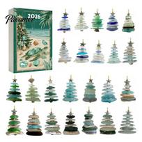 Ocean Themed Ornament Sea Glass Christmas Advent Calendar, 24 Day Countdown Box with Seasonal Decorative Accessories Acrylic Tree Ornaments, F gray
