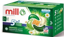 Skalbimo kapsulės MILL PRO 5k su minkštiklio perlais, universalios, 25 vnt.