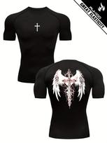 Compression Short Sleeve T-Shirt Front Cross And Back Winged Sword Graphic Quick Dry Breathable High Elasticity Christian Gym And MMA Athletic Top L juoda