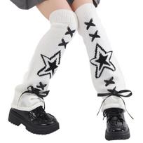 Japanese Harajuku Knitted Leg Warmers with Star Pattern for Women Ribbon Ties Flared Leg Cover Footless Socks Streetwear white