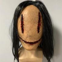 Scary Latex Female Ghost Face Mask With Wounds And Fake Hair For Halloween Dress Up Long Hair brown