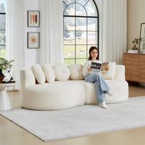 2 dalių modulinė šenilinė sofa, kreminės baltos spalvos, su lenktu anakardo raštu, vientisa atlošas, 6 dalių pagalvių komplektas, be kietų briaunų, svetainei smėlis