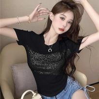 Sexy Bright T-shirts For Women Fashion Tees Black Short Sleeve Rond Neck Girls Y2K Tops Casual Wear For Club Party Cloths Lady Sexy Tees XL black