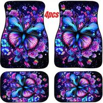 4pcs Vibrant Butterfly & Floral Car Floor Mats - Stylish, Easy-Clean Polyester, Fit for All Seasons,Perfect for Multiple Vehicle Models, Car Floor Mat 4pcs blue