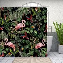 1Pc Tropical Jungle Shower Curtain With Vibrant Flamingos & Exotic Birds Design, Botanical Illustration Style, Polyester Fabric W60H190(CM)-1 Pcs black