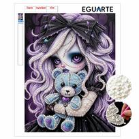 DIY Frameless Pearl Art Kit Purple Gothic Girl and Blue Bear Design 3D Bead Painting Canvas Relaxing Handmade Craft for Home Decor 30x40cm gray