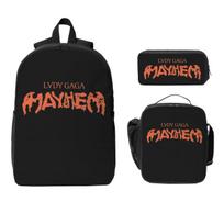 3Pcs Lady Gaga Mayhem Backpack Set for Children Pencil Boxes Bookbag Sets with Lunch Box For Primary School Students Daypack black