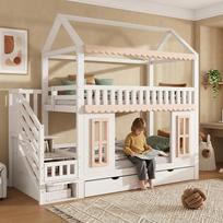Bunk Bed, Children's Bed, House Shape, Side Storage Cabinet with Ladder, 2 Drawers, Wooden Windows and Trim, Pine+MDF, White+Natural, 90x200cm 254 x 100.5 x 238 cm
