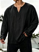 Men's White Crinkled Cotton Notched V-Neck Long-Sleeve Pullover - Relaxed Summer Vacation Top US S juoda