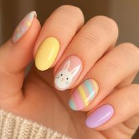 24Pcs pastel bunny press-on nails with polka dot and stripe designs. Medium square length, glossy style for Easter, weddings and daily wear. 24pcs brown