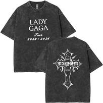 Lady Gaga MAYHEM Cross Cutoff  Vintage Washed T shirt Men Womens Hip Hop streetwear short sleeve Cotton tshirts plus size tops S gray