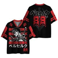 Berserk Guts Football Jersey Unisex V Neck Short Sleeve Shirt Men Women Anime Print Streetwear Hip Hop Casual Tops Manga Fans Tee XXXL red