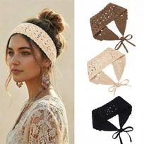 3 vnt. Boho galvos juostos moterims Plaukų aksesuarai, Megzta bandana galvos skara | Bandanos galvos juosta, Lengvos plaukų juostos, Plaukų skara minkšta, pralaidi orui Black+Beige+Coffee beige