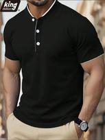 Men's Contrast Trim Henley Polo Shirt - Slim Fit Khaki Short Sleeve with Stand Collar & Button Placket, Casual Sporty Top M juoda