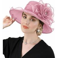 DRESHOW Moteriška organzos skrybėlaitė Bažnytinė kepuraitė Išpardavimas Kentucky Derby Kokteilinė arbatinė Vestuvinė gėlių skrybėlaitė su plačiu krašteliu Flower Hat: Nude Pink pink