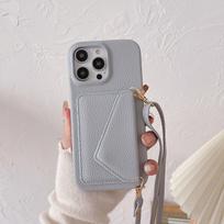 Leather Crossbody Card Holder Case for iPhone 14/16/17 Pro Max - Protective & Stylish Back Cover for Women iPhone 16 gray