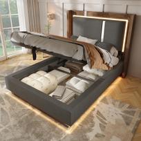 90x200 Youth Bed Upholstered Bed with Slatted Frame, LED & Bed Drawer, Hydraulic, Linen Grey & Walnut, without Mattress 209 x 106 x 110 cm