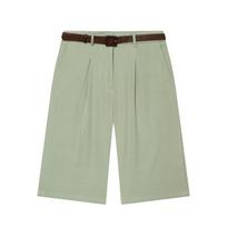 Women Straight Leg Bermuda Shorts With Belt Solid Color Loose Casual Mid Waist Office Half Shorts XS žalia
