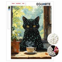 DIY Framed Pearl Bead Art Kit Black Cat Coffee Cup Pattern Sparkling Canvas Painting Set Relaxing Handmade Craft Gift Decor Home Supplies 20x30 With frame beige