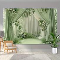 2D plokščias žalias užuolaidų ir baltų rožių fonas, elegantiškas fonas sužadėtuvėms ir vestuvėms lauke 59x51.1inch/150*130cm gray