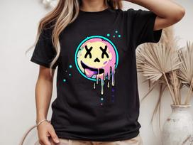 Pastel Smiley Face T-Shirt, Spray Paint Drip Graffiti Tee S black