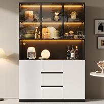LED apšviesta stiklinė vitrina 120×40×200 cm – Grūdintas stiklas su lentynomis, trimis stalčiais ir dviem durelėmis, universali svetainei ir valgomajam. 120 x 40 x 200 cm juoda