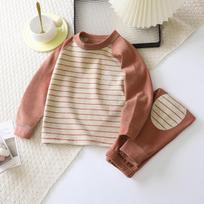 Kids' Thermal Underwear Set with Knee Pads - Unisex Striped Homewear, Autumn Winter Style Boneless Pajamas 80 cm beige