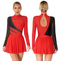 Ice Skating Dress Women Girl Prom Party Dress Lyrical Modern Dance Dress Color Block Design S raudona