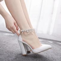 Sexy High Heels Wedding Prom Women Sandals String Bead Buckle Strap PU 10CM Square Heel Party Dance Mature Women Shoes White 35